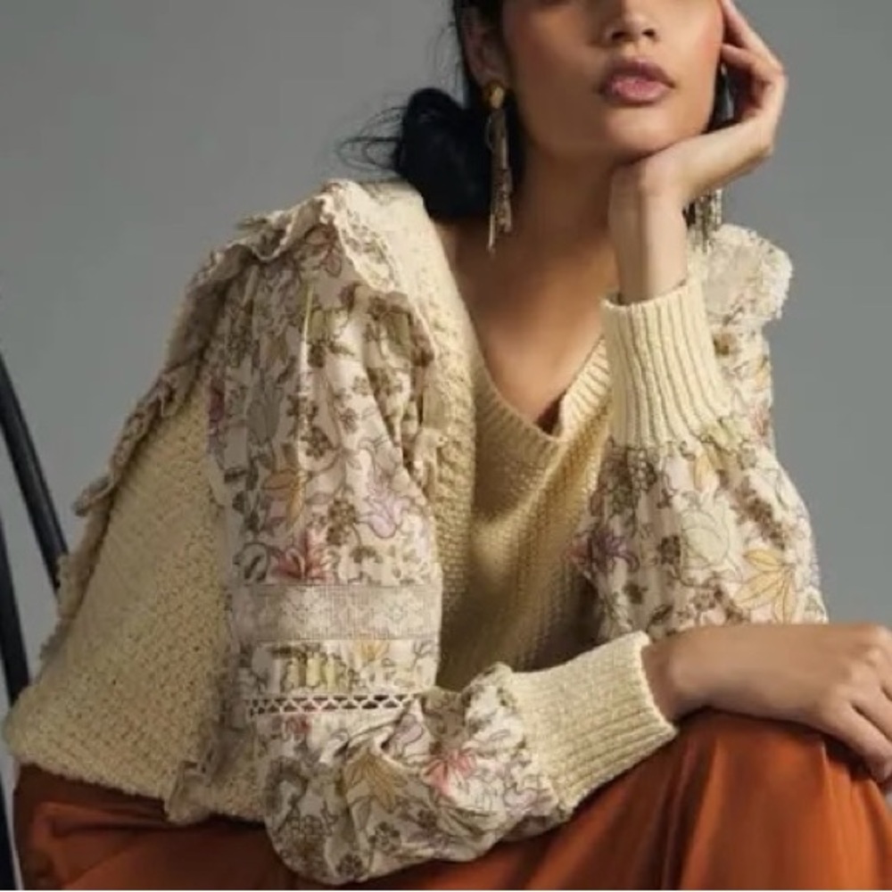Anthropologie Printed-Sleeve Ruffle Thermal Textured Sweater Small